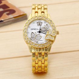 Luxury Wristwatches Fashion Geneva Diamond Butterfly Decroation Watches Women Crystal Quartz Wristwatch Lady Full Gold Steel Bracelet Watch