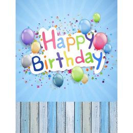 Light Blue Happy Birthday Photography Backdrop Wood Floor Digital Painted Colourful Balloons Children Kids Studio Backgrounds for Photo