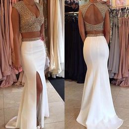 New 2k17 Gold Top Two Pieces Prom Dresses Mermaid Lace Applique Ruffles Tiered Sexy Deep V-Neck Open Back Split Long Party Evening Gowns