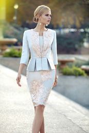 Cheap Appliqued Mother Of The Bride Dresses With 3 4 Sleeves Peplum Wedding Guest Dress Knee Length Plus Size Jacket Mothers Groom278z