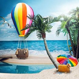 Colorful Hot Air Balloon Photographic Backdrop Vinyl Palm Trees Blue Sky Seawater Tropical Beach Romantic Wedding Photography Background