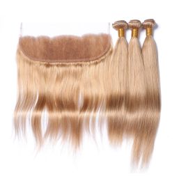 Honey Blonde Brazilian Virgin Human Hair Wefts With Frontal Silky Straight Pure #27 Light Brown Color 13x4 Lace Frontal With 3 Bundles
