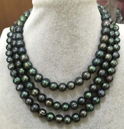 Gorgeous 11-12mm natural tahitian peacock green pearl necklace 48 inch 14K gold clasp