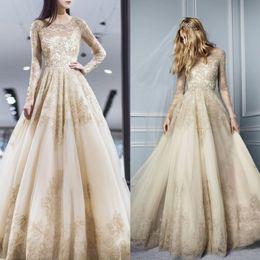 Elie Saab Illusion Prom Dresses Long Sleeve Lace Appliqued Beads A Line Evening Gowns Tulle Plus Size Formal Party Dress