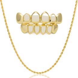 Наборы в стиле хип-хоп с зубами золотого цвета на заказ, четыре полые золотые зубы с открытым лицом, колпачки GRILLZ, набор для гриля с верхом и дном, с веревочной цепью