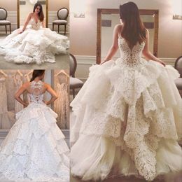 2019 Latest Spring Charming Wedding Dress Sheer Neckline Beading Pearls Back Lace Up Bridal Gowns Stylish Lace Layered Tulle Wedding Dresses