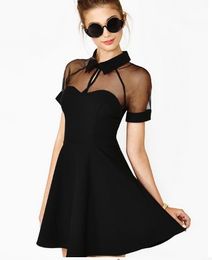 2017 Summer Sexy Cut out Sheer Mesh Short Sleeve Skater Mini Dress For Female Girl In Black Plus Size S M L XL free shipping