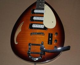 Super Rare Short Scale Hutchins Brian Jones Vox Teardrop Signature Vintage Sunburst Semi Hollow Body Electric Guitar Bigs Vibrator 3 Pickups