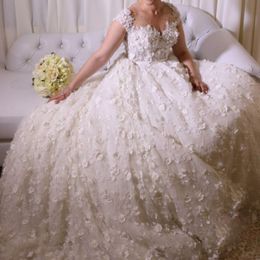 3D Floral Applique Wedding Gowns Illusion Neckline Beaded Short Sleeve Sheer Backless Bridal Dress Gorgeous Chapel Train Lace Wedding Dress
