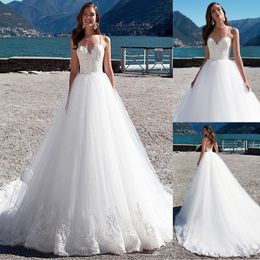 illusion bodice wedding dresses UK - Fabulous Tulle & Satin Spaghetti Straps A-Line Wedding Dresses With Beaded Lace Appliques Pure White Bridal Gowns