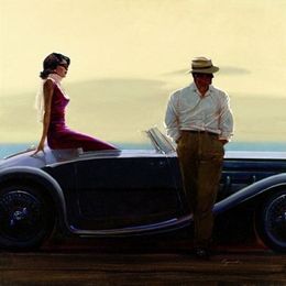 Framed Coastal drive couple vintage car cult Hand Painted Modern Wall Art Oil Painting On Canvas.Multi sizes Ab154