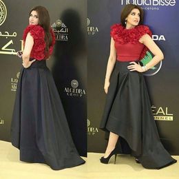 Gorgeous Red And Black High Low Evening Gowns 2017 Sleeveless Satin Prom Dresses Saudi Arabic Cocktail Formal Party Dress Cheap
