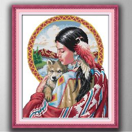 Indian girl woman and dog , paintng style Cross Stitch Needlework Sets Embroidery kits paintings counted printed on canvas DMC 14CT /11CT