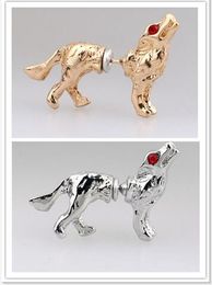 2017 new fashion Harajuku wind personality 3D Animal Ear Studs Stereoscopic Cute crystal wolf Earrings Unisex Golden silvery