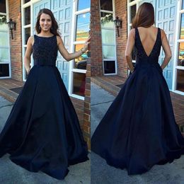 Modest 2017 Dark Navy Blue Beaded Satin Evening Dresses With Pockets Sexy Backless Bateau Long Formal Evening Gowns Custom Made EN82911