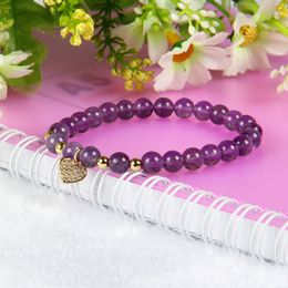 New Womens Wholesale 10pcs/lot 6mm Natural Purple Crystal Stone Beads with Love Heart Cz Bracelet Fine Girl Women Charms Jewellery