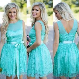 Country Style Turquoise Bridesmaid Dresses Short Sheer Neck Sleeveless Wedding Party Maid of Honour Gowns with Sash Zipper Up Back Custom