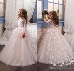 Long Sleeves Ball Gown Flower Girls Dresses Full Butterfly Kids Pageant Gowns Little Baby Birthday Party