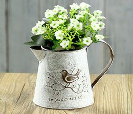 5PCS-PACK French Style White Shabby Pitcher Vintage Rustic Chic Oval Metal Rope Zinc Galvanised Flower Pots Garden Planters Desktop Balcony