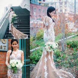 Champagne Tulle White Lace Appliques Mermaid Wedding Dresses 2017 Sheer Long Sleeve See Through Court Train Bridal Gowns Customised Vestidos