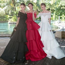 Off-the-shoulder Evening Dresses With Beaded Lace Appliques Short Sleeves Black Prom Dress with Layered Skirt Ball Gowns