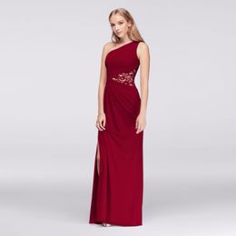 NEW! One-Shoulder Chiffon Side Slit Bridesmaid Dress with Lace Inset F19419 Wedding Evening Formal Gowns