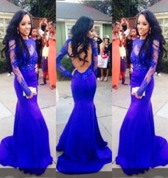 Royal Blue Lace Prom Dresses Slim Fitted Sheer Long Sleeves Evening Gowns Sexy Backless Mermaid Open Backless Formal Party Dresses