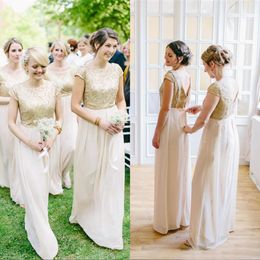 New Fashion Gold Lace Top Beige Chiffon Bridesmaid Dresses Long 2017 Short Sleeve Zipper Back Floor Length Maid Of Honor Gown EN71113