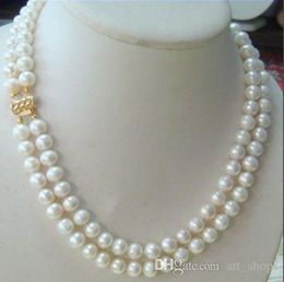 hot 2 row 9-10MM AKOYA REAL WHITE PEARL NECKLACE 14k Clasp