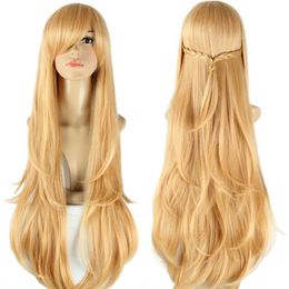 Wholesale free shipping >>>>Womens Long Curly Wavy Hair Full Wigs Cosplay Party Anime Wig Blonde Color