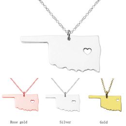 Oklahoma Map Stainless Steel Pendant Necklace with Love Heart USA State OK Geography Map Necklaces Jewellery for Women and Men