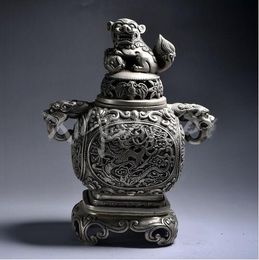Very beautiful Chinese Tibetan silver hand carved lion statue incense burner