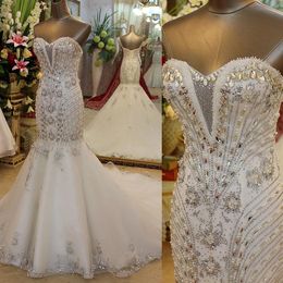 Expensive Luxury Wedding Dresses Mermaid 2017 Sexy Sparkly Beaded Crystal Sweetheart Neck Trumpet Backless Corset Bridal Gowns Chapel Train