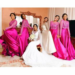 A-Line Long Sleeves Bridesmaid Dresses Lace Jewel Neck Satin Floor Length Maid Of Honor Dresses 2017 Formal Evening Wear Wedding Guest Dress