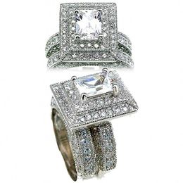Vintage silod 14KT white gold filled Engagement Wedding Bride ring Jewellery 2-in-1 Luxury 145pcs cz 2ct Square Diamond RING set Size 5-10
