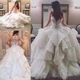 Luxury 2017 Lace Tiered Ruffle Wedding Dresses Sexy Sheer Neckline Lace Up Back Beaded Long Bridal Gowns Custom Made China EN4181
