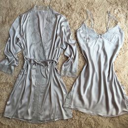 Wholesale- Grey Women's New Style Satin Robes Gown Sexy Pyjamas With Belt Bathrobes Long Sleeve Sleepwear Summer New Nightgown M L XL XXL