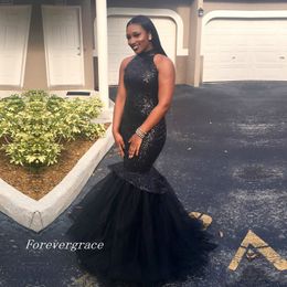 Sexy Mermaid High Neck Top Sequined South African Prom Dress Little Black Girl Long Formal Evening Party Gown Custom Made Plus Size