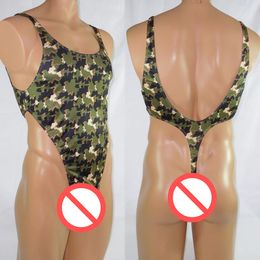 Mens Thong Back Bodysuit Swim Fabric Stretchy High Cut Deep U-Back G5284 Onesie Camo camouflage Prints