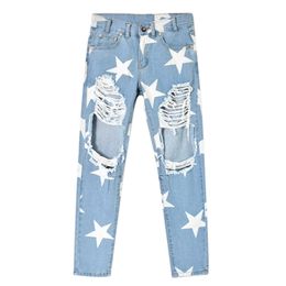 Jeans Wholesale FS Hot Woman's Vintage Holes Ripped Jeans Denim Blue White Trousers Women Pencil Pants