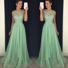 Sparkly Mint Green Prom Dress Long Formal Sheer Neck Sleeveless Beaded Crystals Top Chiffon Evening Party Gowns Sweep Train