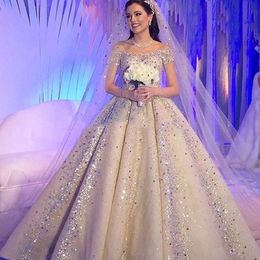 Gorgeous Glittering A-Line Wedding Dresses Sequins Beaded Off The Shoulder Short Sleeves Bridal Gowns 2017 New Arrival Luxury Wedding Gowns