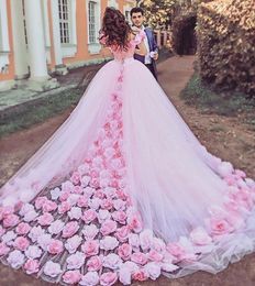 Fairy-Tale Floral Ball Gown Wedding Dresses With 3D Hand Made Flowers Glamorous Off Shoulder Lace-Up Wedding Gowns Cheap Tulle Bri280y