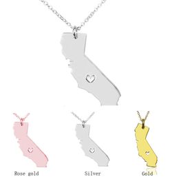 California Map Stainless Steel Pendant Necklace with Love Heart USA State CA Geography Map Necklaces Jewelry for Women and Men