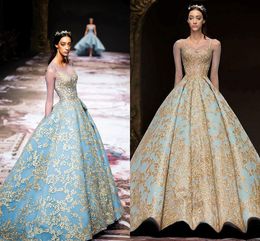 Luxury Gold Lace Long Sleeve Evening Dresses Vintage Sky Blue Michael Cinco Sheer Neck Saudi Arabia Plus Size Occasion Prom Dress