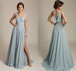 Gorgoues Dusty Blue Evening Dresses V Neck Sleeveless Appliques Chiffon Draped Back High Split Sexy Formal Evening Gowns Sweep Tra3278