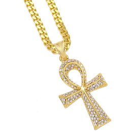 Gold Ankh Necklace Egyptian Jewelry Hip Hop Pendant Bling Rhinestone Crystal Key To Life Egypt Cross Necklace Chain