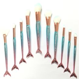Mermaid Makeup Brushes 10 PCS Makeup Brush Tech Professional Beauty Cosmetics 3D Mermaid Handle Design Make Up Brush Set DHL Free
