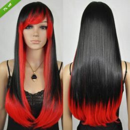 Wholesale free shipping >>>>Fashion Women Straight Black Mix Red Ombre Long Cosplay Heat Resistant Hair Wigs