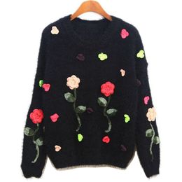 Wholesale- 2017 Sweater Women Korean Style Flowers Embroidered Roses Jumper Hedging Sweaters Mohair Female Pullover Vestidos LXJ191